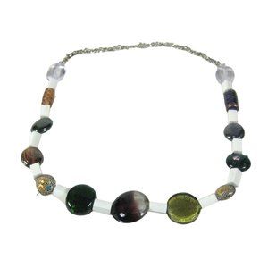 UPCYCLED Necklace Glass Beaded 25 inch Strand Silvertone Chain Scarab Bead